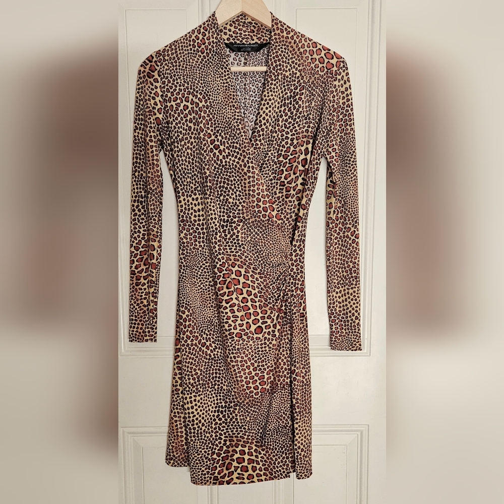 Norma Kamali Ruched Bodycon Dress Animal Print Women size XS Stretch Long Sleeve